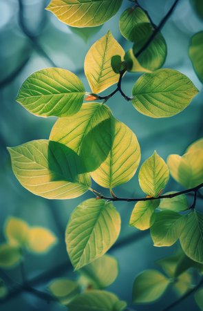 Detailed view of a tree branch covered in fresh green leaves, showing the vibrant colors of nature up close.の素材
