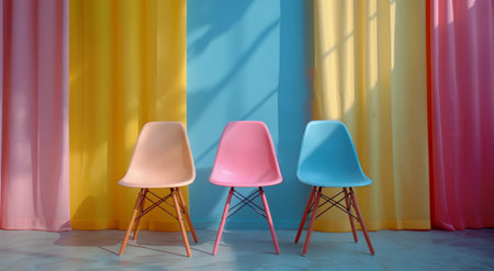 Three chairs of different colors placed in front of a vibrant, multicolored wall.の素材