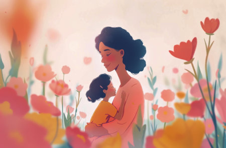 A woman tenderly holding a child amidst a vibrant field of colorful flowers, both surrounded by natures beauty.の素材
