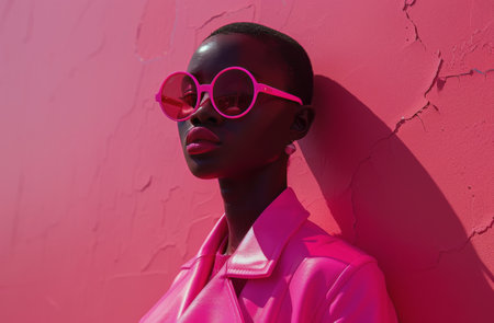 A woman with pink sunglasses and a pink shirt poses for the camera.の素材