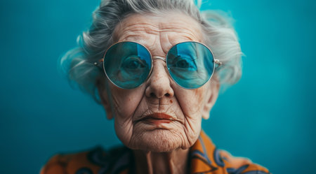 An elderly woman with glasses resting on her face, looking at something off-camera.の素材
