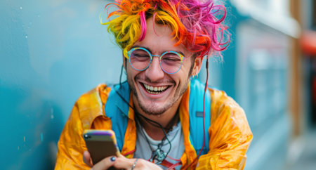 A man with vibrant multicolored hair is using a cell phone outdoors.の素材