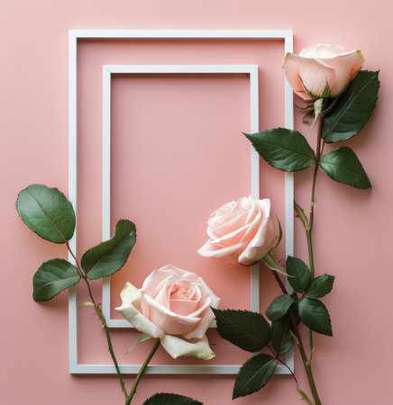 Three pink roses displayed in a white frame on a soft pink background.の素材