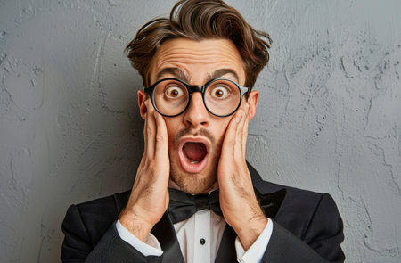 A man dressed in a tuxedo is contorting his face in a humorous expression.の素材