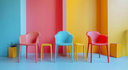 Several vibrant chairs lined up neatly in front of a flat concrete wall.の素材