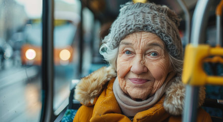 An elderly woman sits on a bus, wearing a hat and scarf, looking out the window.の素材