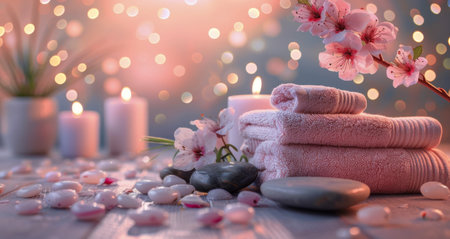 Close-up of neatly folded towels and burning candles arranged on a wooden table.の素材