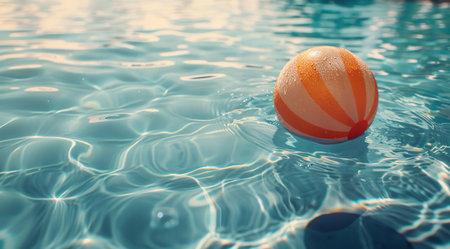 An orange and white beach ball floats effortlessly in a clear blue pool.の素材