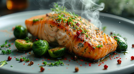 A piece of salmon served on a white plate with a side of Brussels sprouts, showing a balanced and nutritious meal.の素材