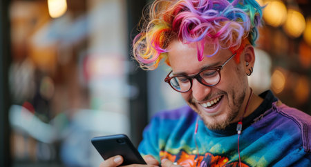 A man with vibrant multicolored hair is using a cell phone outdoors.の素材
