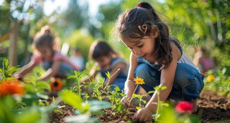 Two small girls are happily playing in a field filled with colorful flowers under a bright sunny sky.の素材