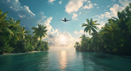An airplane flies above a river bordered by palm trees in a tropical setting.の素材
