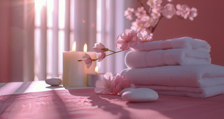 Close-up of neatly folded towels and burning candles arranged on a wooden table.の素材