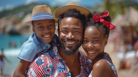 A man and two children are facing the camera, all smiling happily in a joyful moment.の素材