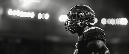 A black and white photo of a football player running with the ball, focused and determined during a game.の素材