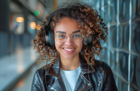 A woman in a leather jacket listening to music through headphones.の素材