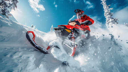 A man navigates a snowmobile down a steep slope covered in snow, creating tracks in the fresh powder.の素材