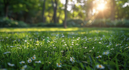 A field filled with green grass and white daisies in the foreground under a clear sky.の素材