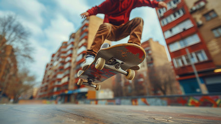 A person confidently rides a skateboard down a busy street, showing their skill and control.の素材