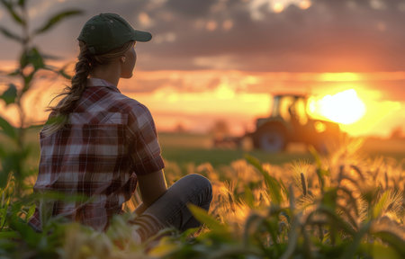 A woman is sitting in a field with a tractor in the background, surrounded by grass and greenery.の素材