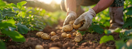 A person crouching and picking mushrooms from the ground in a vast field filled with grass and scattered mushrooms.の素材