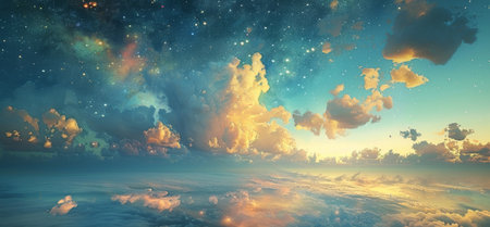 The sky above is covered with a mixture of clouds and stars, creating a captivating celestial scene.の素材