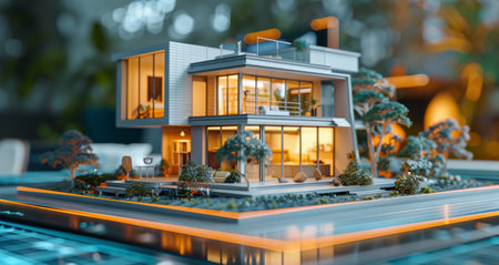 A large house with numerous windows and bright lights shining from within, creating a warm and inviting atmosphere.の素材