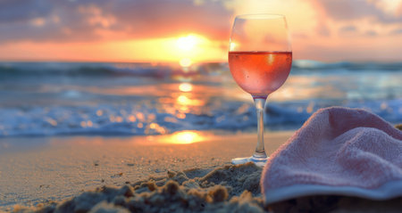 A glass of wine stands on a sandy beach, with the tranquil sea in the background, creating a serene scene.の素材