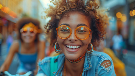 A woman wearing round glasses smiling directly at the camera.の素材
