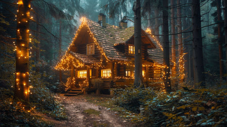 A cabin nestled in a forest setting is adorned with twinkling Christmas lights.の素材