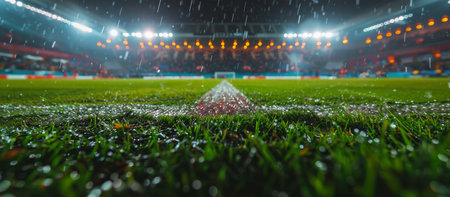A soccer field with green grass and white goalposts, with a large stadium visible in the background under a clear blue sky.の素材