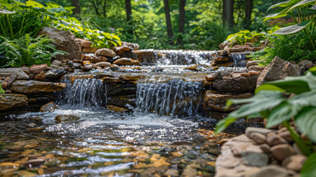 Water stream flowing through dense green forest with vibrant foliage and trees.の素材