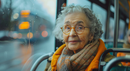An elderly woman sits on a bus, wearing a hat and scarf, looking out the window.の素材