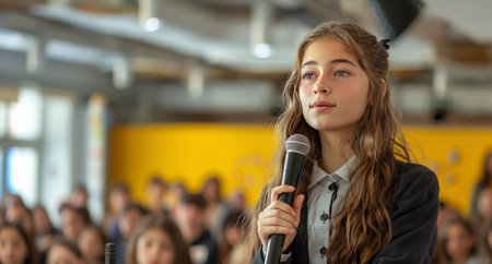 A young girl is standing in front of a diverse group of individuals, engaging in a conversation or presentation.の素材
