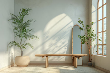 A room featuring a wooden bench, several potted plants, and a window with natural light coming through.の素材