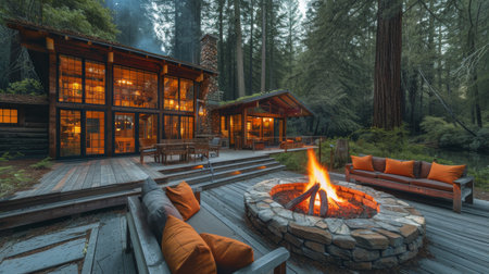 A fire pit placed on a wooden deck, creating a cozy outdoor space for gatherings and warmth.の素材