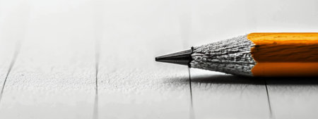 A detailed view of a single yellow pencil resting on a plain white surface.の素材
