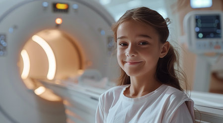 A young girl stands confidently in front of a large industrial machine, observing its intricate parts.の素材