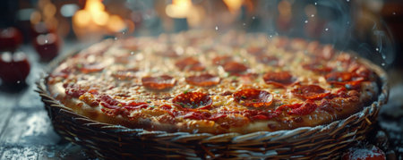A pizza is placed on top of a wooden table, ready to be enjoyed.の素材