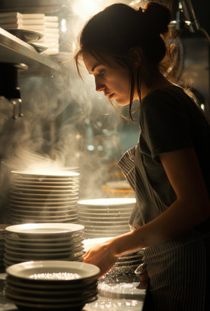 A woman is standing in a kitchen beside neatly stacked plates, with countertops in the background.の素材
