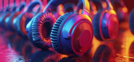 A pair of headphones laying on a wooden table, with no one around them.の素材