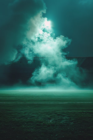 A soccer field under a dark sky, setting a striking contrast between the green pitch and the ominous clouds above.の素材