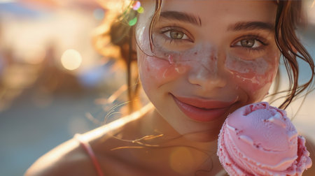 A woman is holding a pink ice cream cone in front of her face.の素材