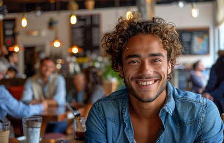 A man is seated at a table, holding a cup of coffee.の素材