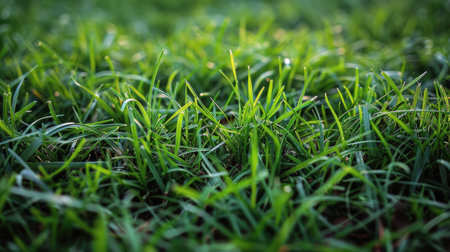 Detailed view of a field of grass covered in shimmering water droplets.の素材