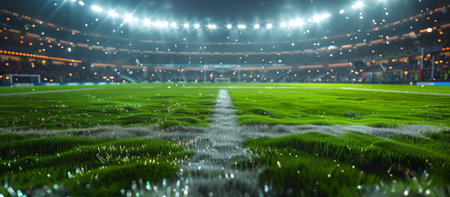 A soccer stadium with a vibrant green field under bright lights, ready for an intense match.の素材
