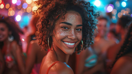A woman with curly hair smiling at the camera in a straightforward pose.の素材