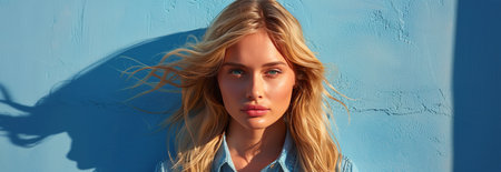 A woman stands in front of a blue wall, looking straight ahead in a clear and simple composition.の素材