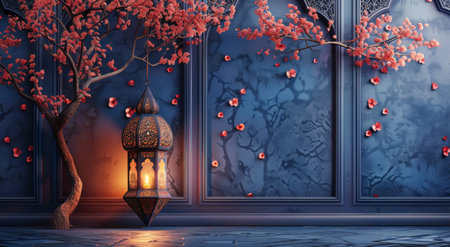 A lantern emits light beside a potted plant on a table.の素材