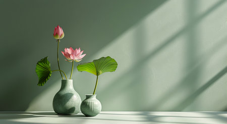 Three green vases holding pink flowers on a table.の素材